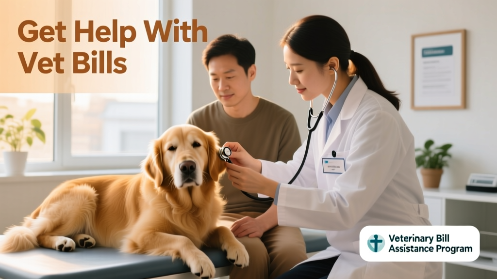 A calm dog sitting beside its owner during a gentle vet exam