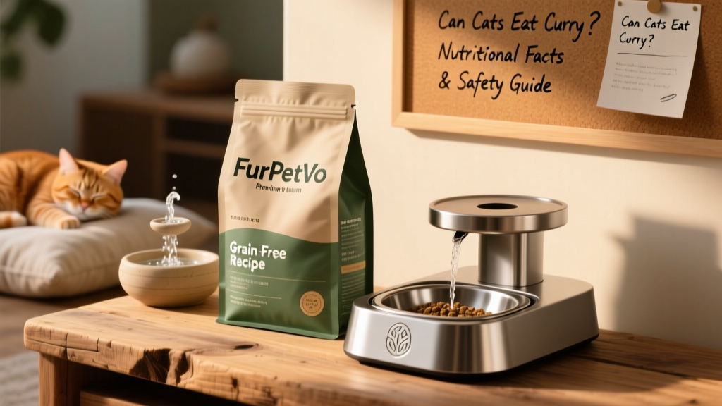 A sleek, modern cat food bag labeled 'FurPetVo Premium Grain-Free Recipe' next to a stainless steel feeding station