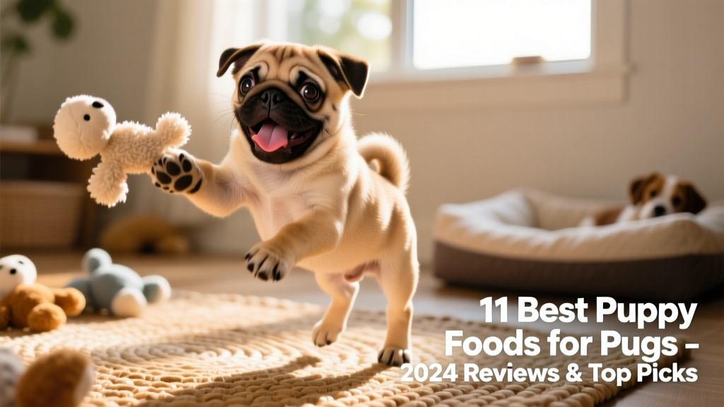 A happy, healthy 5-month-old pug puppy mid-play, showing glossy coat and bright eyes