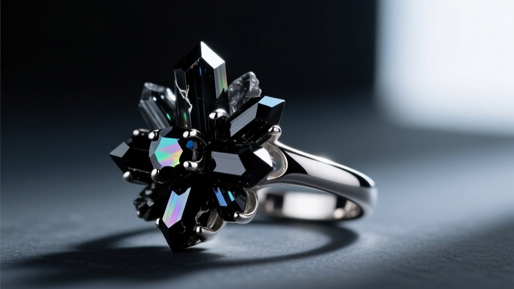 Sterling silver ring featuring a raw black tourmaline crystal cluster on dark slate, moody lighting, macro jewelry photo.