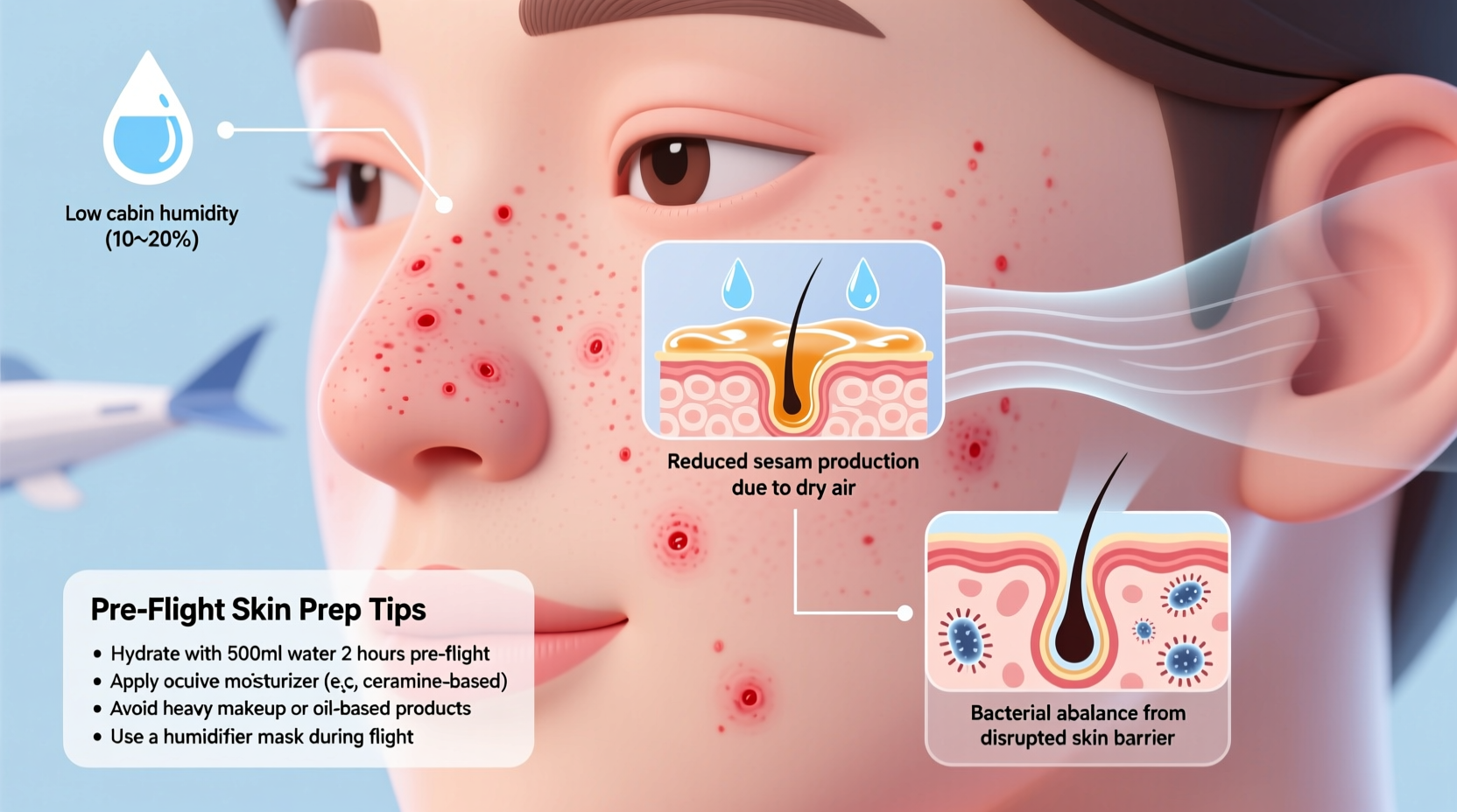 why does my skin break out after flying and how to prep before takeoff