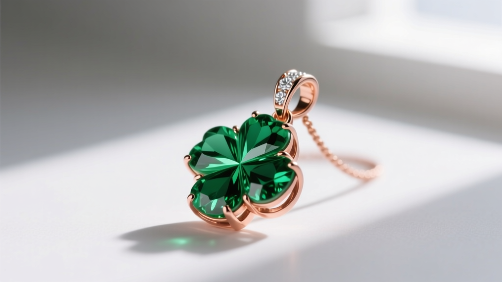 Side profile of a lab-grown emerald clover pendant showing the exact thickness of the 18k rose gold bezel and a diamond bail.