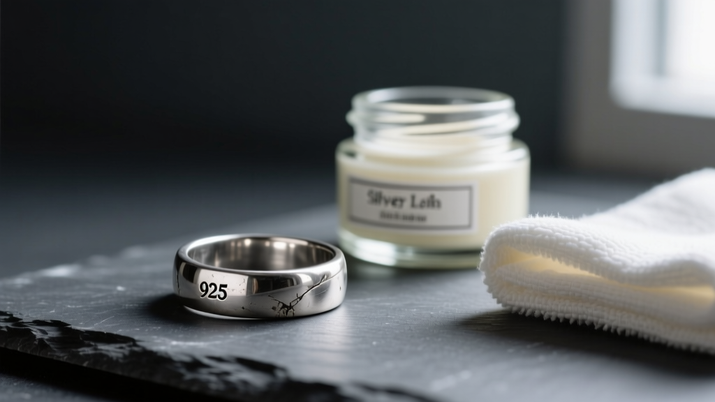 Tarnished 925 sterling silver ring resting beside a jar of cream silver jewelry polish and a microfiber cloth on dark slate.
