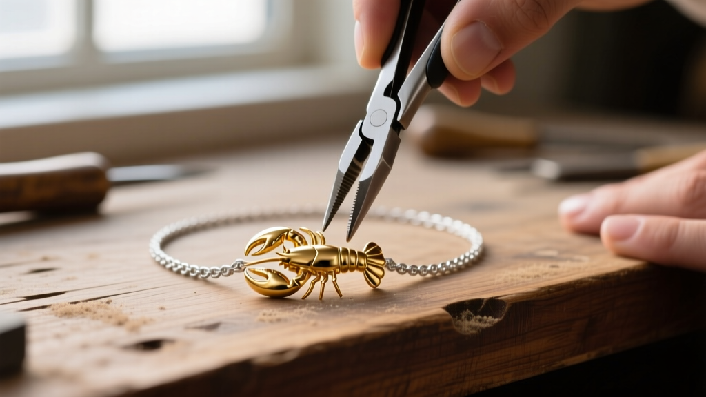 Macro photo of a 14k gold lobster clasp on a choker being adjusted with precision jewelry pliers on a wooden workbench.