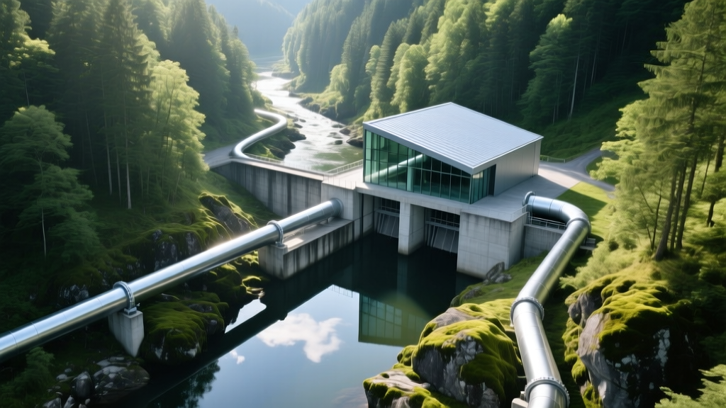 Aerial view of a small-scale concrete run-of-river hydroelectric dam with steel penstocks and a modern power house in a lush forested valley