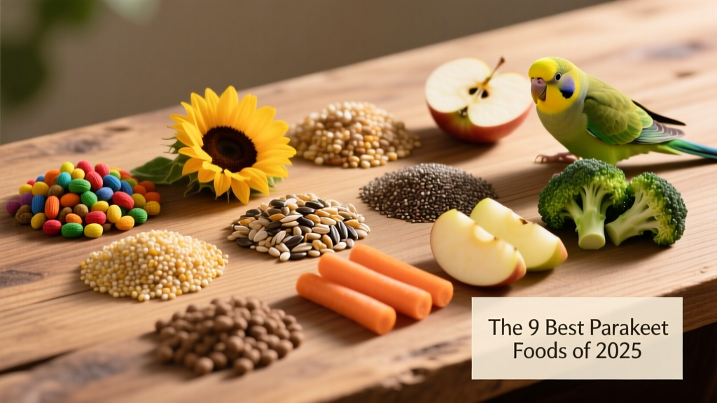 Assortment of high-quality parakeet foods arranged neatly on a clean wooden surface—pellets, seed mixes, and fresh produce nearby