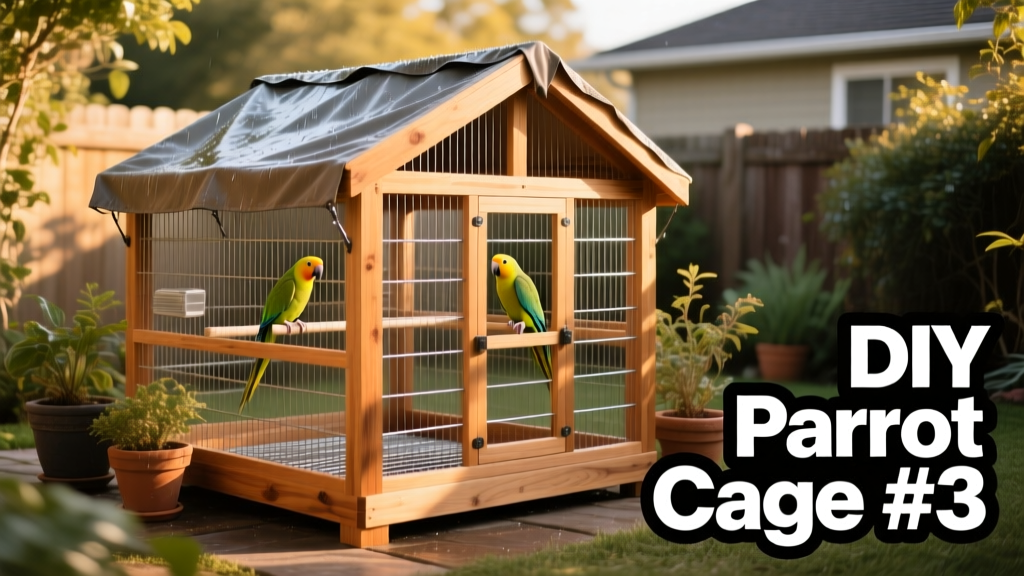 A weather-resistant outdoor flight cage built with cedar framing and heavy-duty stainless steel mesh, featuring shade cloth and a rainproof roof