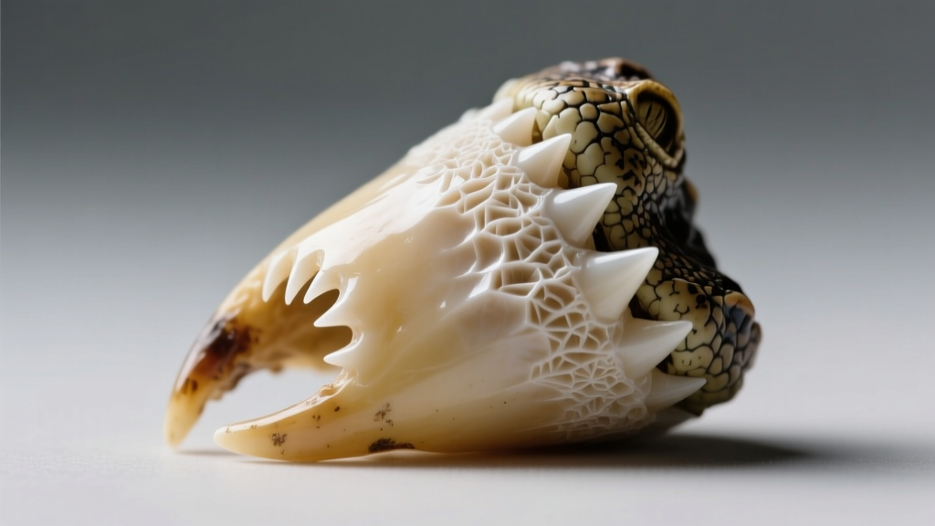 Macro photography of a natural alligator tooth showing serrated edges and enamel texture, illuminated by soft directional light.