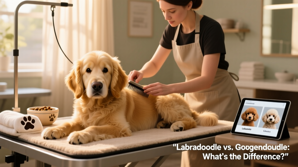 A groomer gently brushing a calm Goldendoodle during a spa-style grooming session