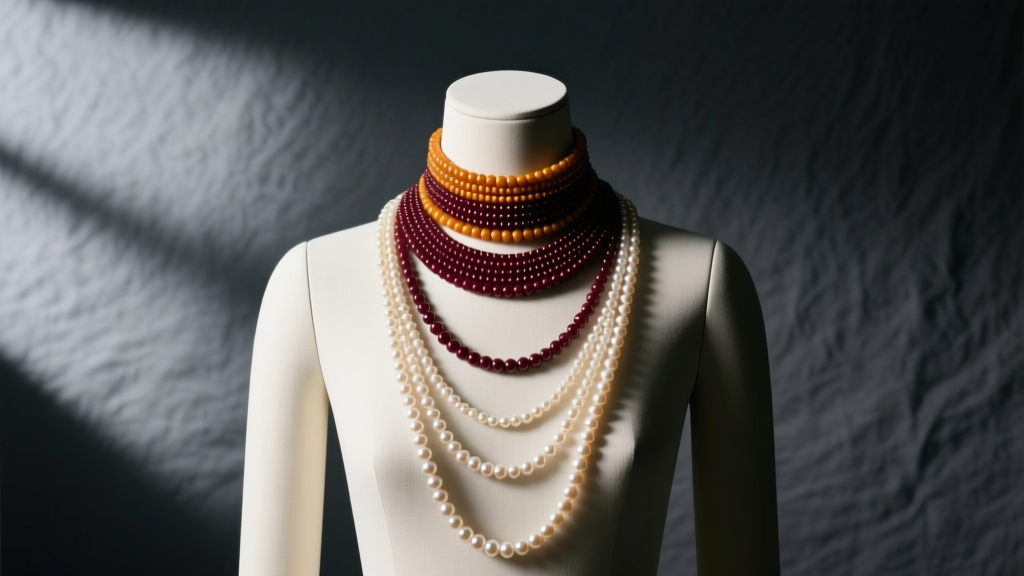 Mannequin wearing layered beaded necklaces, featuring a 14-inch seed choker and 18-inch pearl strand against dark grey backdrop.