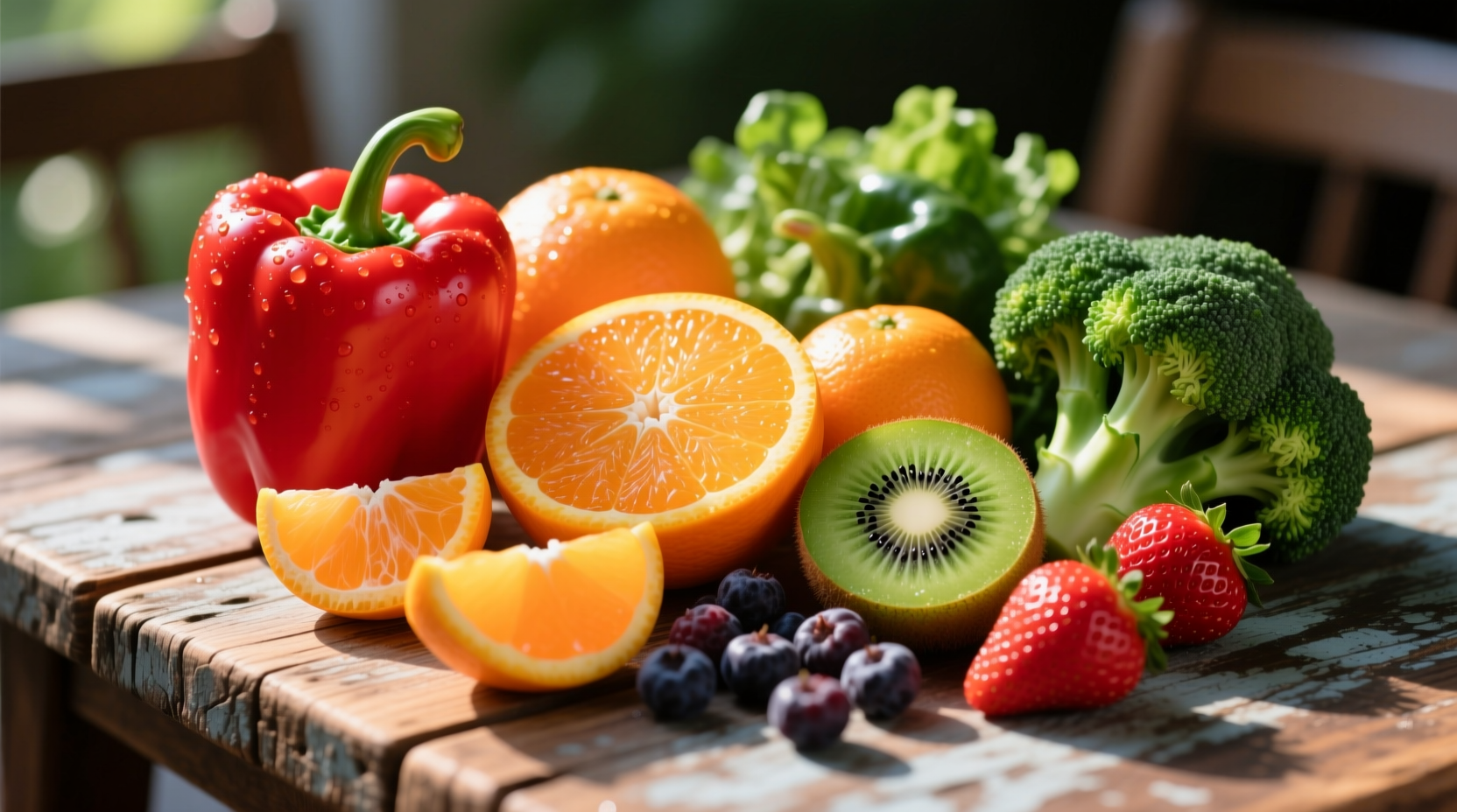 Colorful assortment of vitamin C rich foods on wooden table