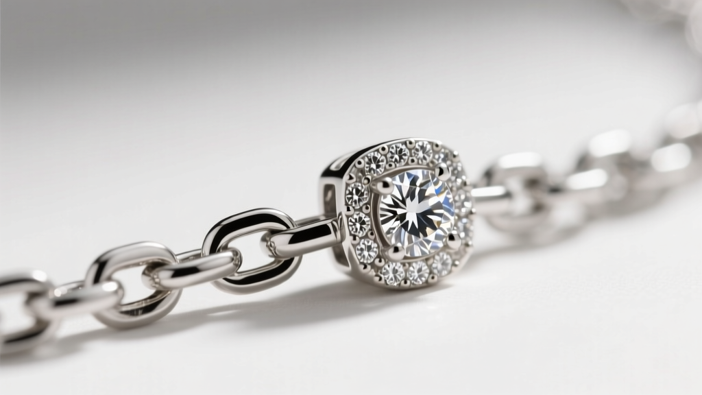 Macro shot of a 1mm platinum box chain attached to a diamond bezel setting, highlighting intricate metal links and pave stones.