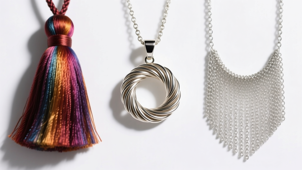 Side-by-side view of three tassel pendants: dyed silk, coiled metallic bullion wire, and a micro silver chainmail fringe on white