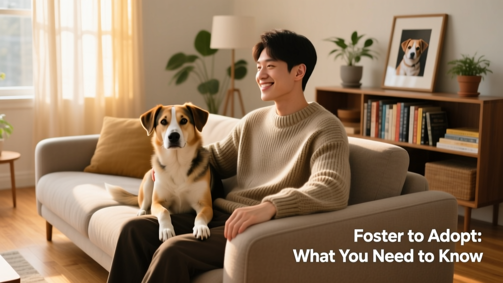 A calm, confident dog sitting beside a person on a living room sofa, both looking relaxed and connected