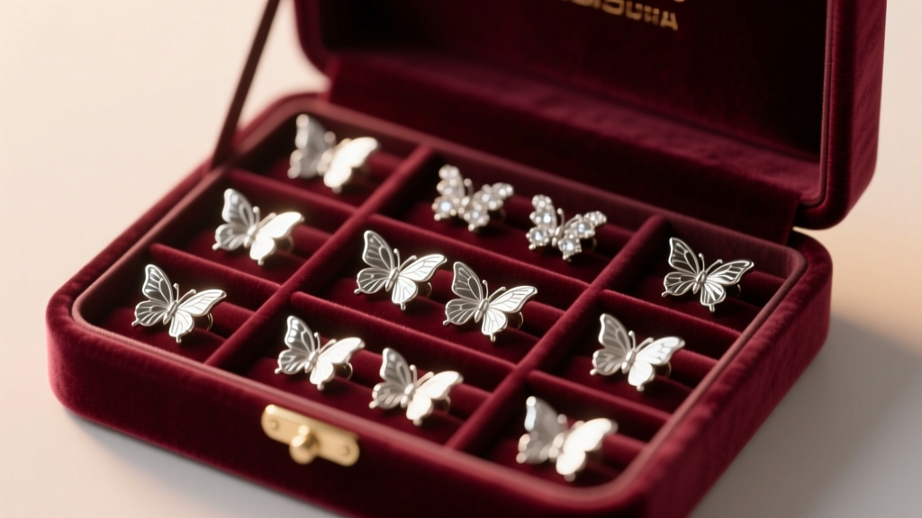 Velvet jewelry box showing silver butterfly stud earrings arranged in individual anti-tarnish compartments under warm, soft ambient lighting.