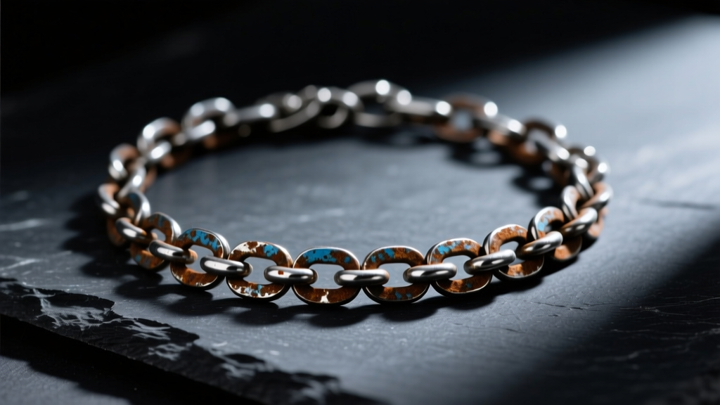 Macro shot of an oxidized silver rusted chain necklace on dark slate, highlighting darkened crevices and matte finish