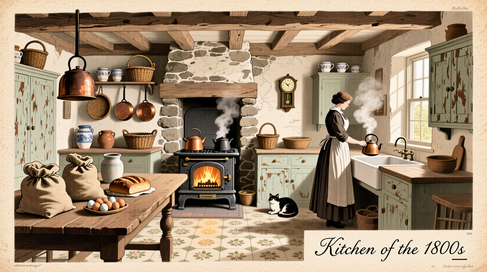Vintage illustration of 19th century kitchen