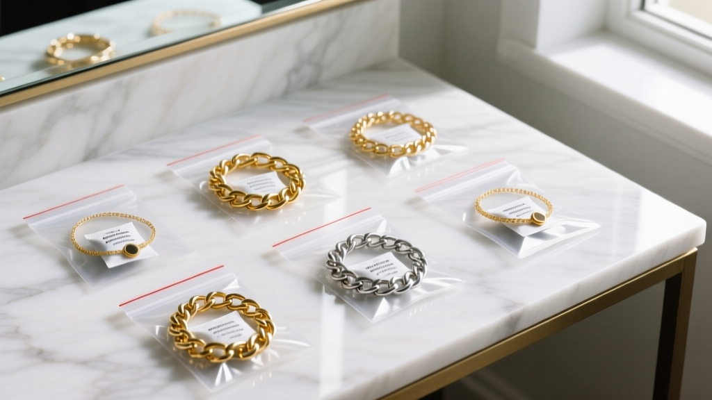 Flat lay of hand chain jewelry stored in anti-tarnish ziplock bags with silica gel packets, arranged neatly on a white marble vanity.
