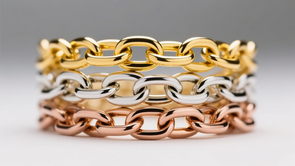 Macro photography of three stacked gold chains showing distinct yellow, white, and rose gold alloy colors against a neutral grey