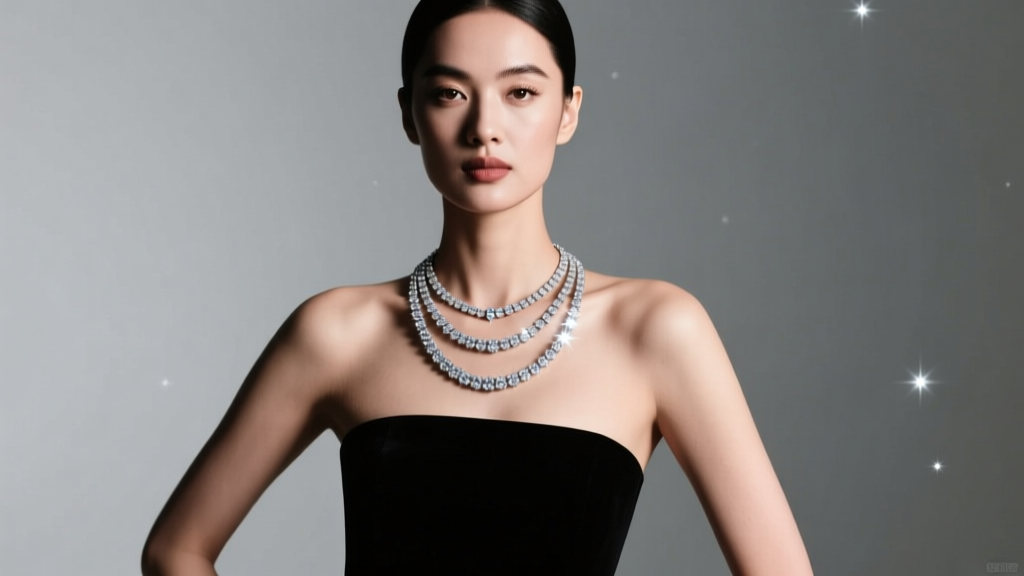 Woman in a strapless black gown wearing a layered 14-inch and 16-inch diamond tennis necklace under soft studio lighting