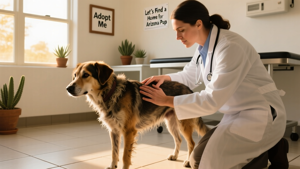 A veterinarian gently checking a dog's body condition score during a wellness exam