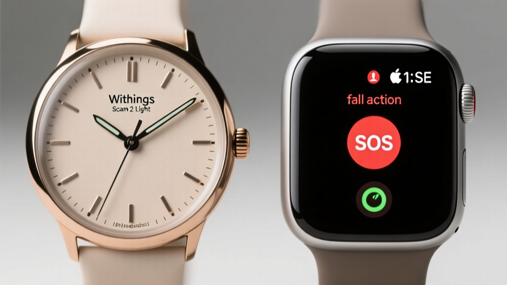 Side-by-side macro shot of the Withings ScanWatch 2 Light analog dial face and an Apple Watch SE displaying the fall detection SOS screen