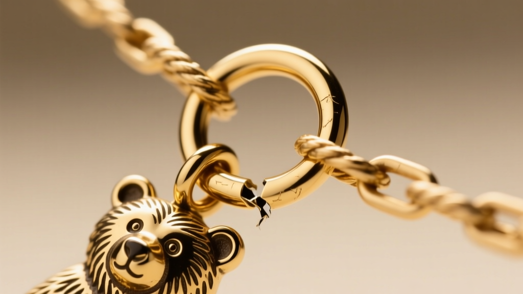 Extreme close-up of an 18-gauge gold jump ring connecting a bear charm to a rope chain, showing a gap where the metal ring failed.