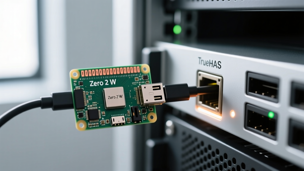 A close-up of a Raspberry Pi Zero 2 W connected via USB-C to a headless TrueNAS server motherboard for direct network diagnostics.