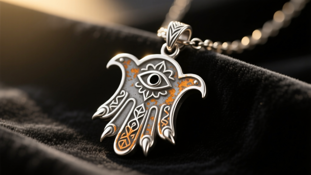 Close-up of a tarnished 925 sterling silver hamsa pendant on a dark velvet cloth, illuminated by soft directional lighting
