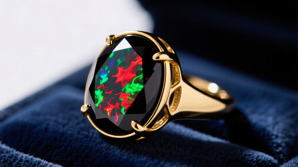 Close-up of a black opal cabochon set in a gold bezel ring, displaying vivid red and green flashes against a dark velvet surface