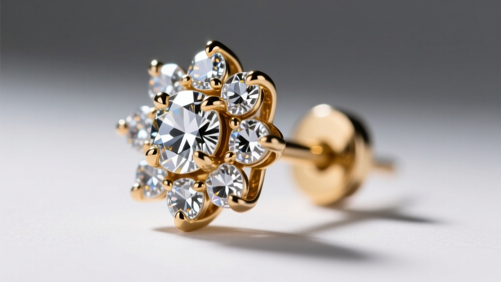 Macro close-up of a crystal pavé stud earring showing brass prong settings and cubic zirconia stones under bright studio lighting.