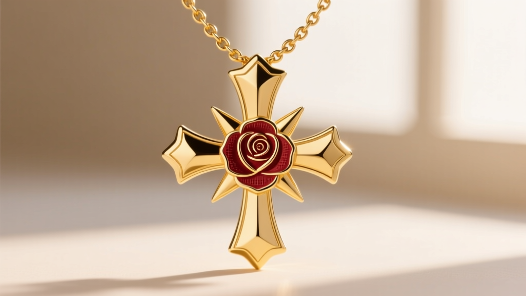 Macro shot of an 18k yellow gold rosicrucian cross necklace, capturing high-polish reflections on the arms and a matte rose center.