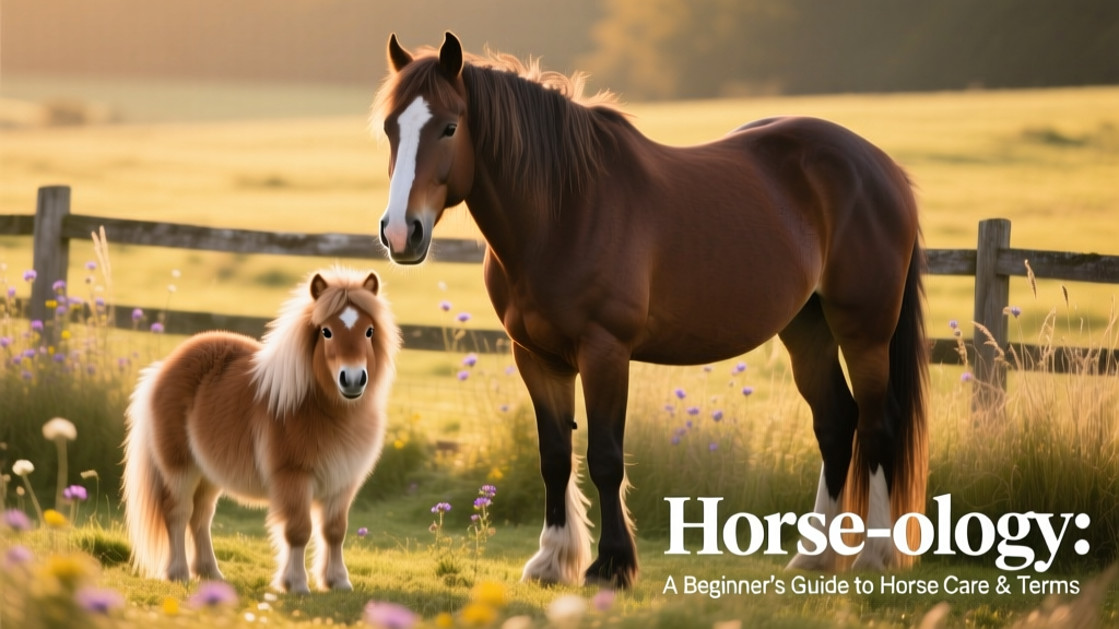 Side-by-side comparison showing a compact pony next to a tall draft horse in a field
