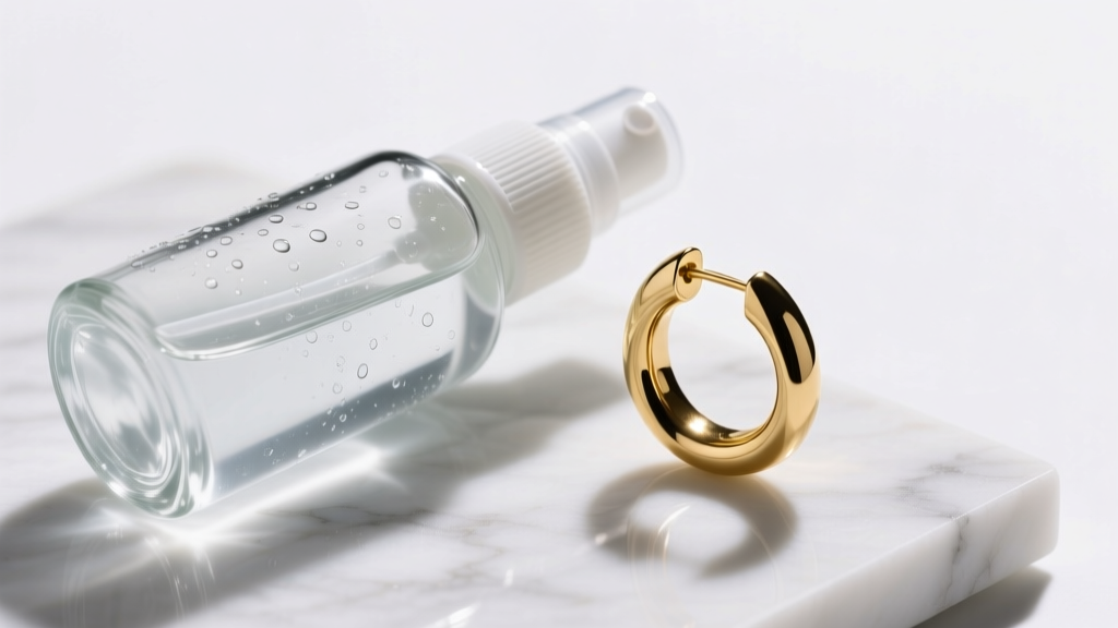 Glass spray bottle of sterile saline wound wash next to a polished 14k gold huggie hoop earring on a clean white marble surface