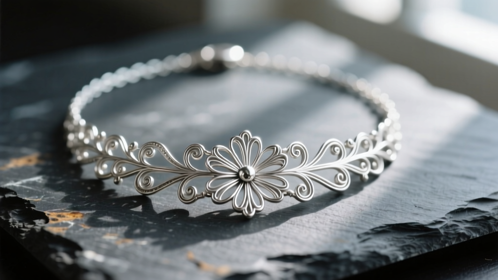 Macro shot of a 925 sterling silver filigree necklace on dark slate, showing delicate floral wirework and slight edge tarnish.
