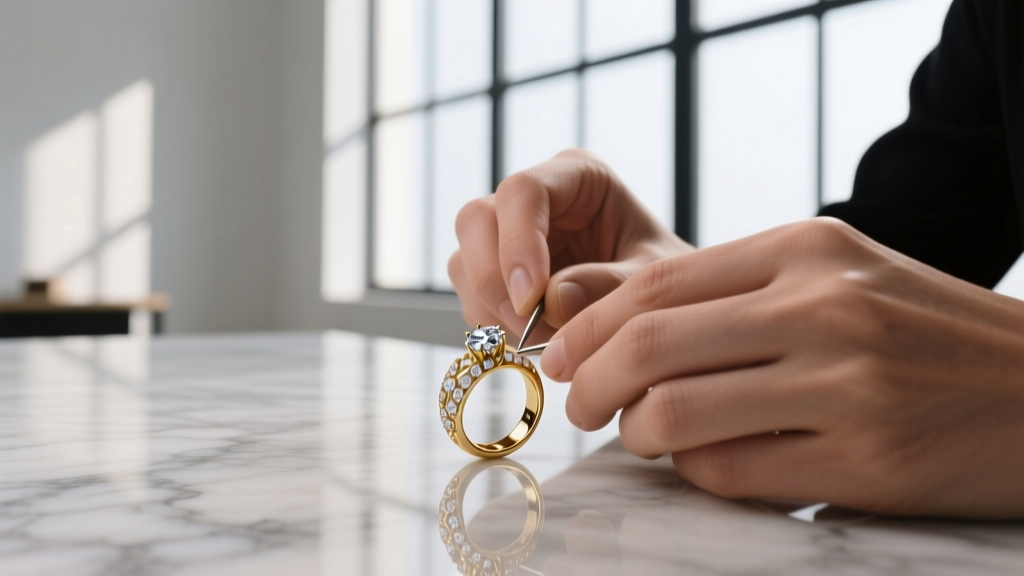 Jeweler's loupe inspecting prongs of a sterling silver moissanite necklace showing wear, contrasted with a solid 14k gold setting