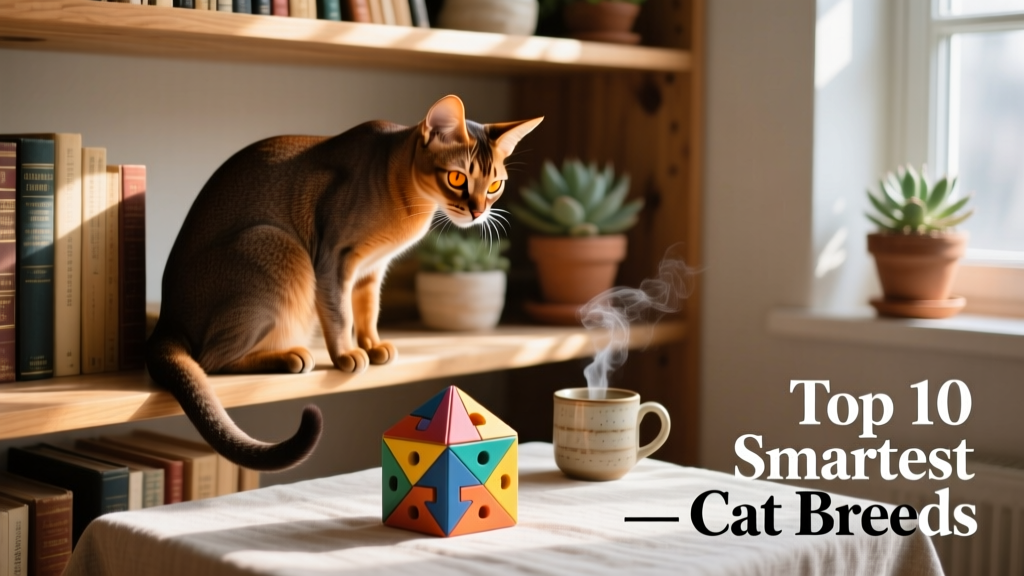A sleek Abyssinian cat perched alertly on a bookshelf, gazing intently at a puzzle toy below