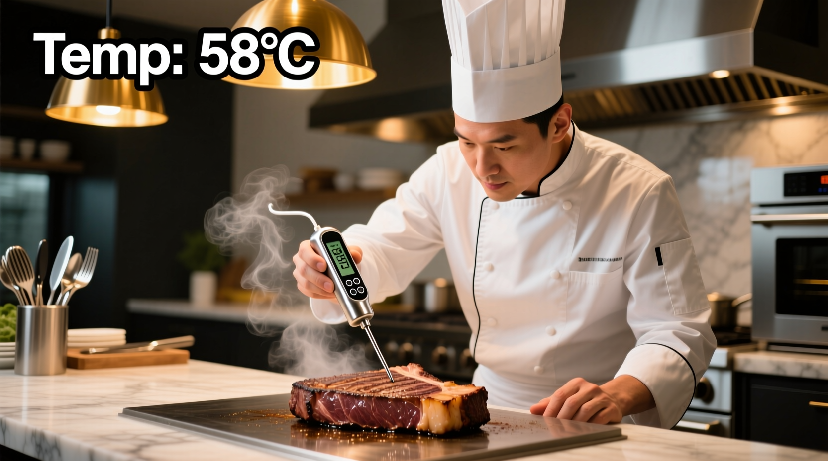 Chef checking food temperature with thermometer