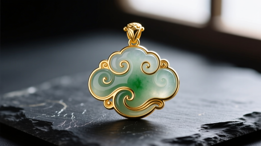 Macro shot of an 18-karat gold and mutton-fat nephrite jade pendant featuring intricate cloud motifs, resting on dark slate