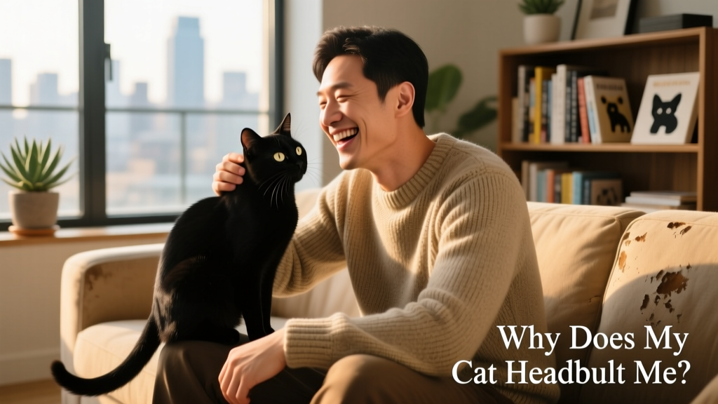 A man laughing as his cat headbutts his shoulder while he sits on the couch