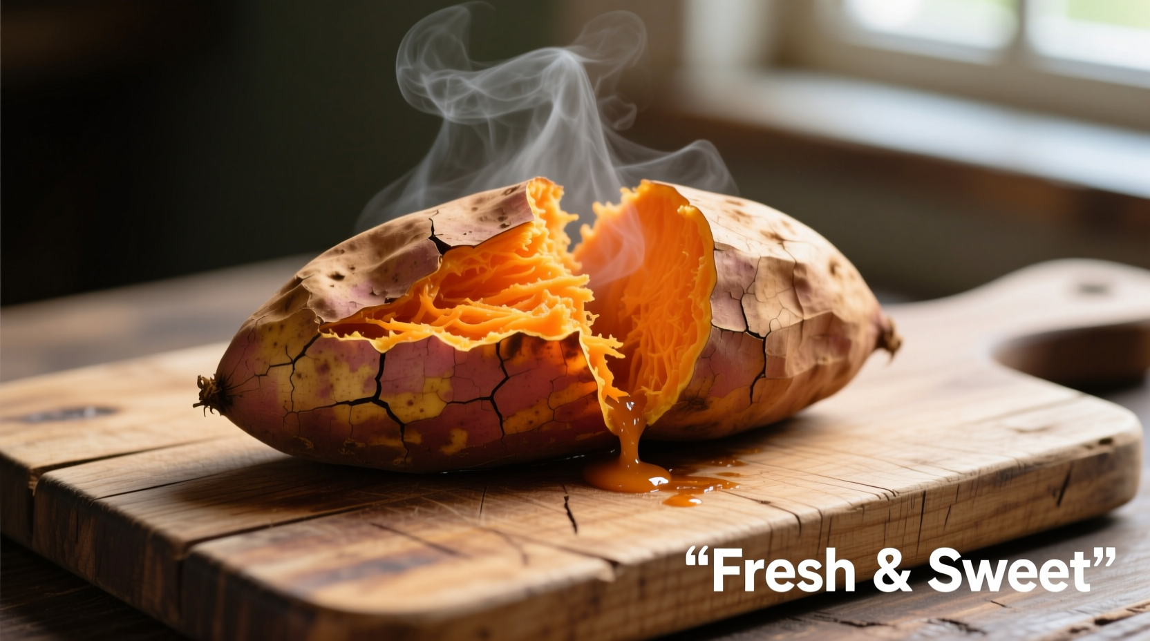 Freshly cooked sweet potatoes on wooden cutting board
