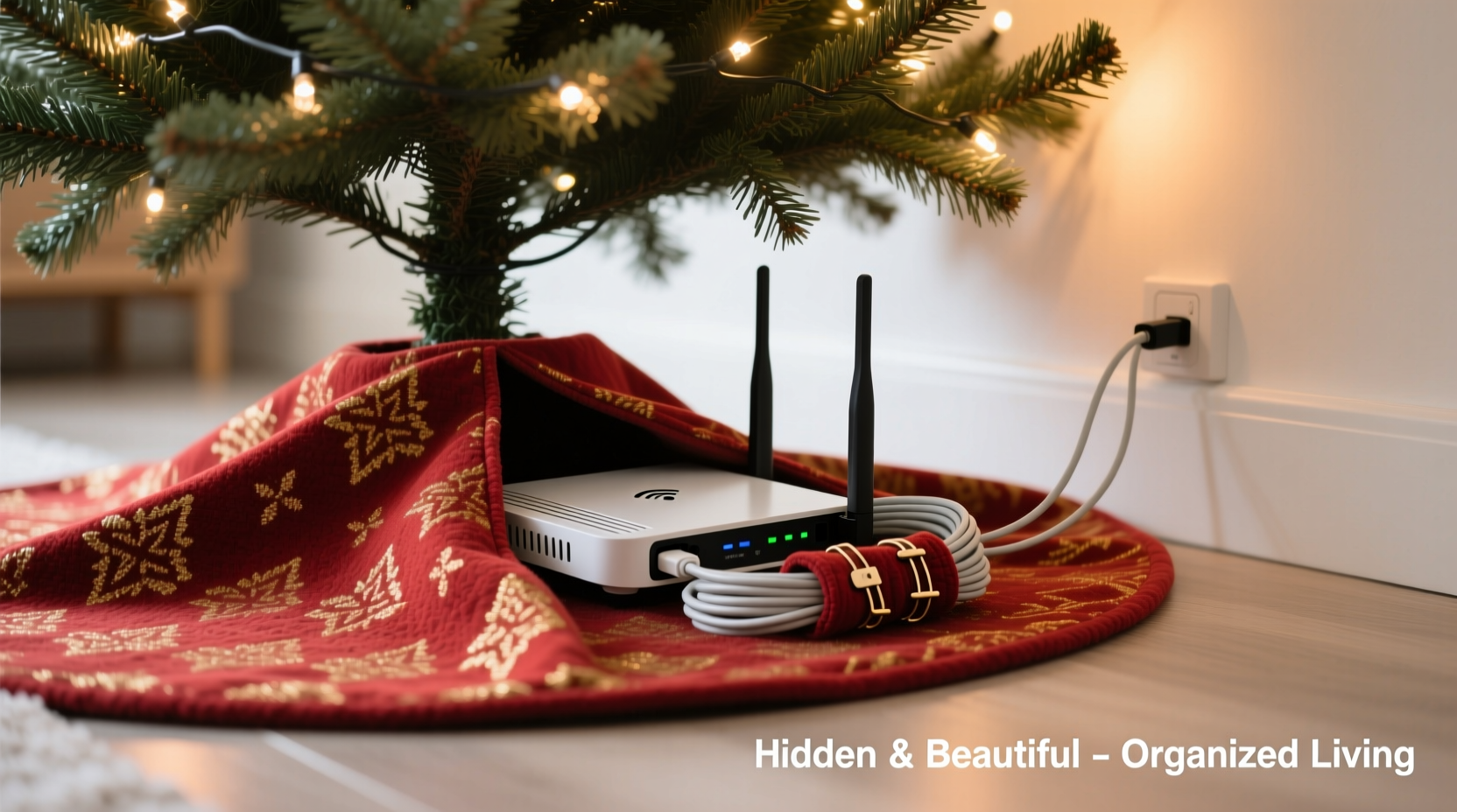 how to hide router and cords behind christmas tree skirt neatly