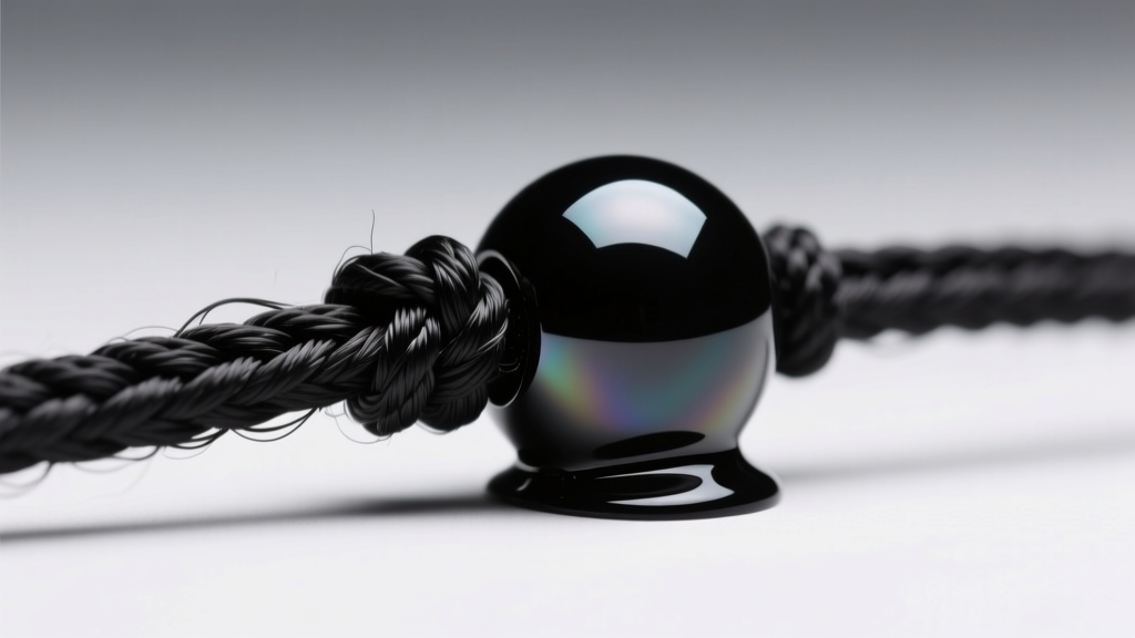 Close-up of a melted black nylon Chinese knotting cord end, showing the smooth hardened plastic bead against soft studio lighting.