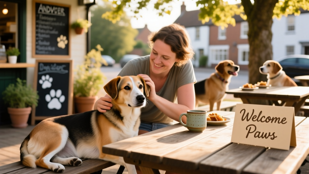 A relaxed dog lounging beside their person at an outdoor table of a dog-friendly café in Andover.