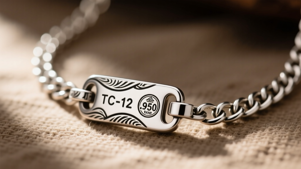Macro photo of a TC-12 and .950 silver hallmark stamp engraved on the clasp of a handcrafted Mexican artisan chain necklace.