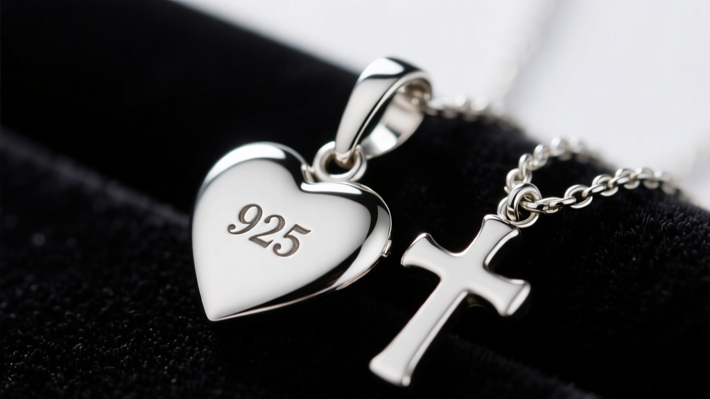 Macro shot of a sterling silver heart and cross pendant, showing the 925 hallmark and lobster clasp on a dark velvet surface