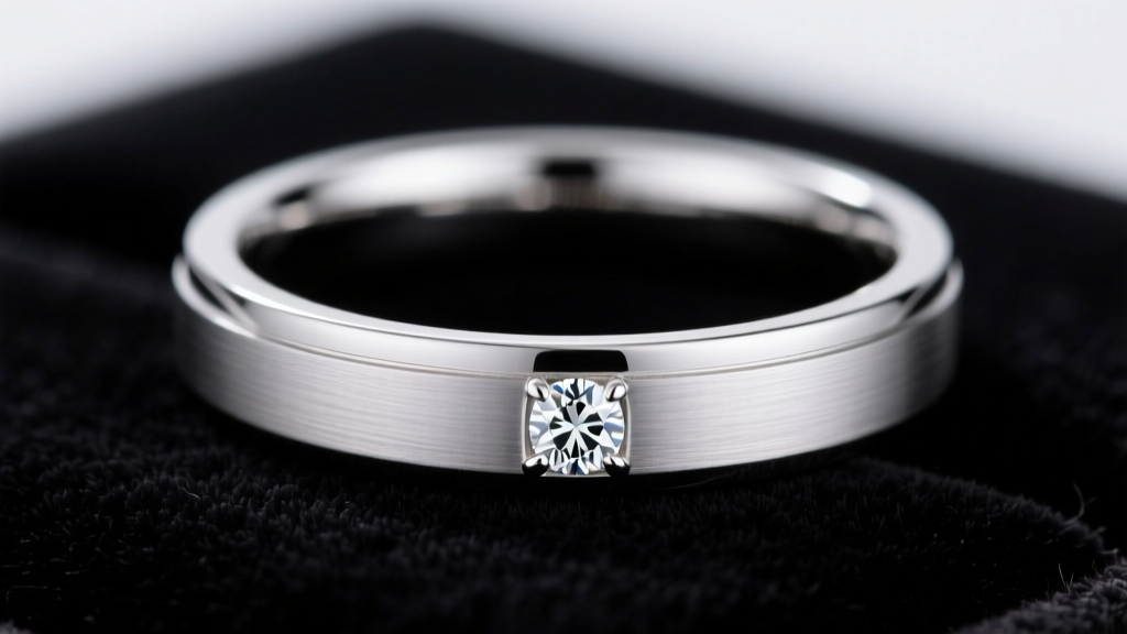 Macro shot of a platinum comfort-fit band showing the rounded inner profile and a flush-set diamond on dark velvet