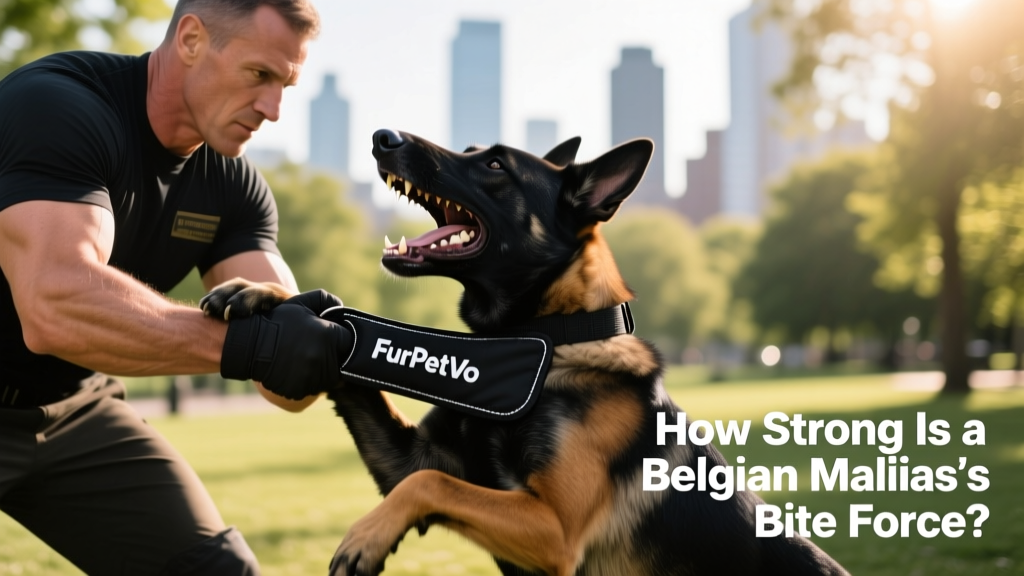 A handler and Belgian Malinois practicing controlled grip-and-release drills with a FurPetVo training sleeve