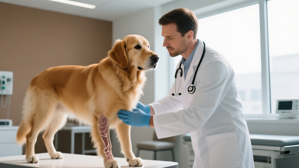Veterinarian examining a dog to assess osteoarthritis before prescribing omega-3 fatty acid supplements for joint health.