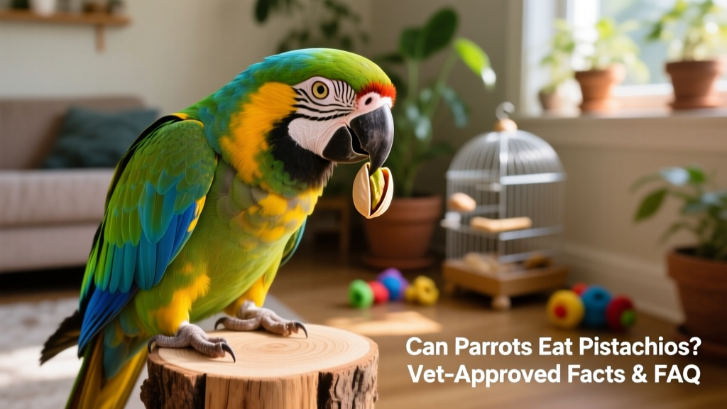 A colorful parrot holding a shelled pistachio in its beak, perched on a natural wood stand